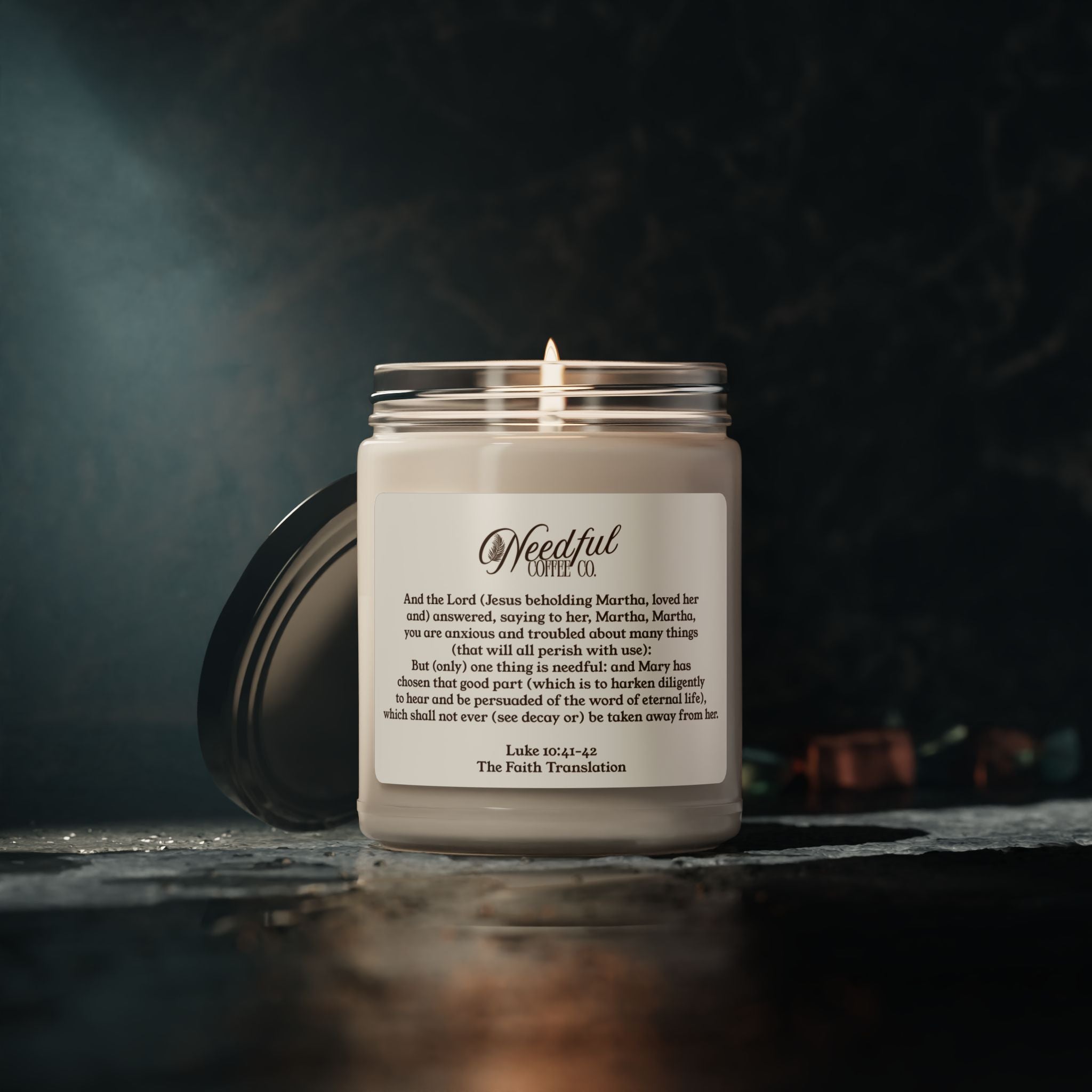 Needful Coffee Co. Scented Soy Candle (featuring Luke 10:41-42 from 'The Faith Translation')